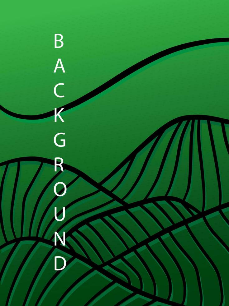 Abstract line art vector background. Nature landscape linear pattern. Green colored backdrop. Hills simple design. Doodle outline trendy hand drawn print.