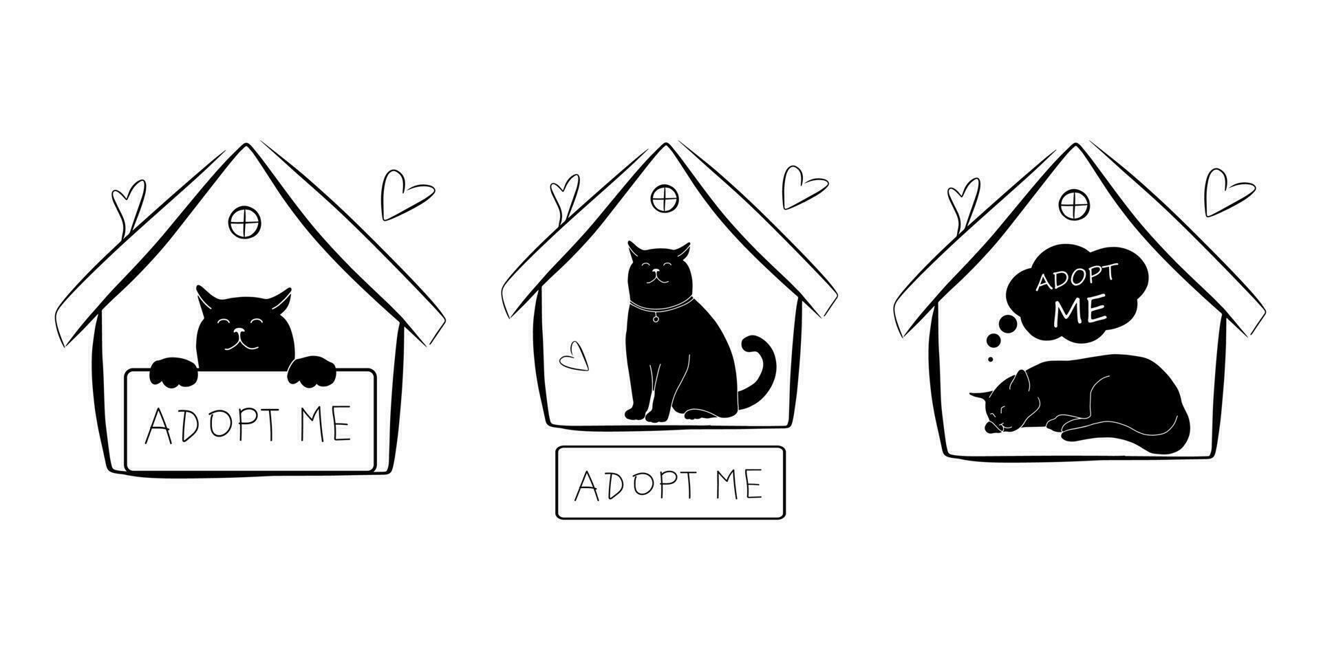 Cute cat animal with banner, adopt me phrase, conceptual illustration isolated on white background. Doodle vector drawing. Rescue abandoned pet in shelter. Simple house silhouette.