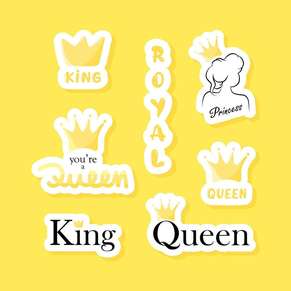 King and queen sticker set. Cute vector notebook label clip art. Royal quotes.