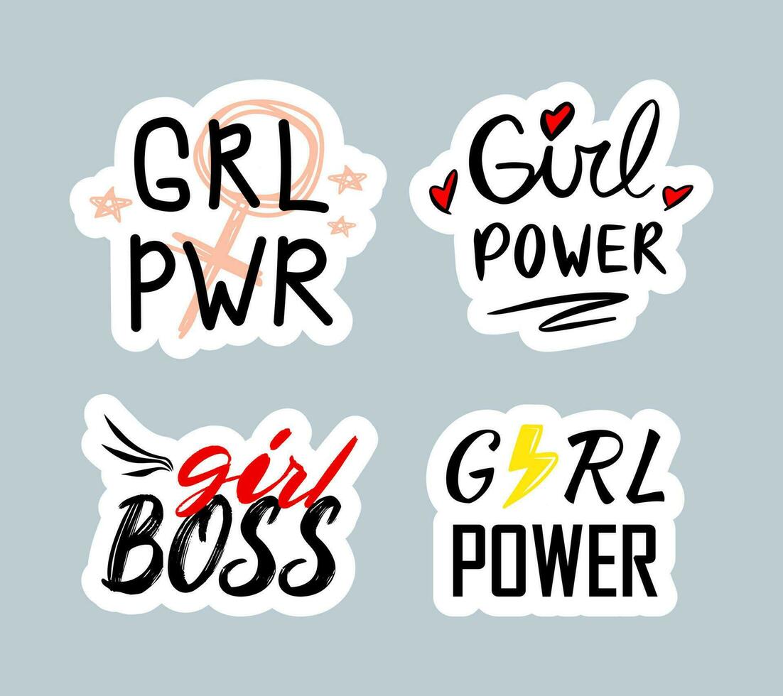 Girl power motivational quote sticker set, notebook print template. Hand drawn lettering phrase. vector