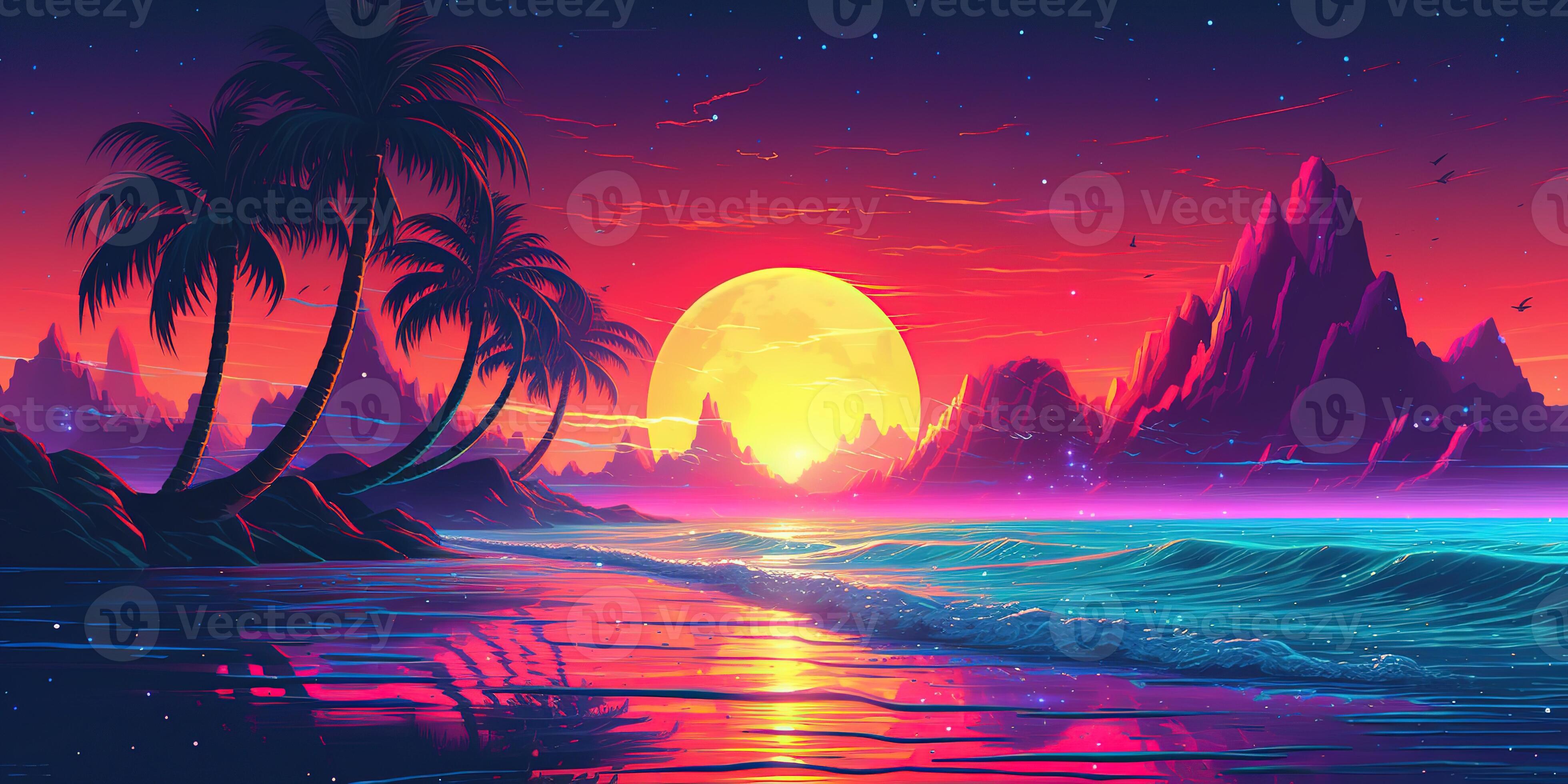 Aesthetic beach synthwave retrowave wallpaper with a cool and vibrant ...