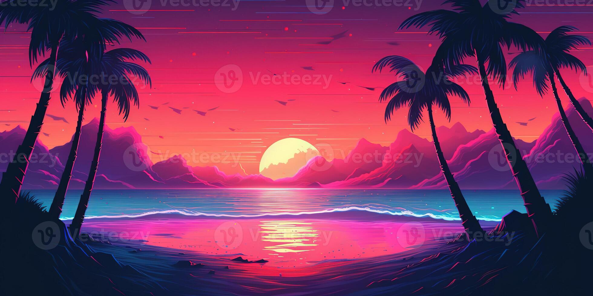 estético playa sintetizador retrowave fondo de pantalla con un frio y vibrante neón diseño, ai generado foto