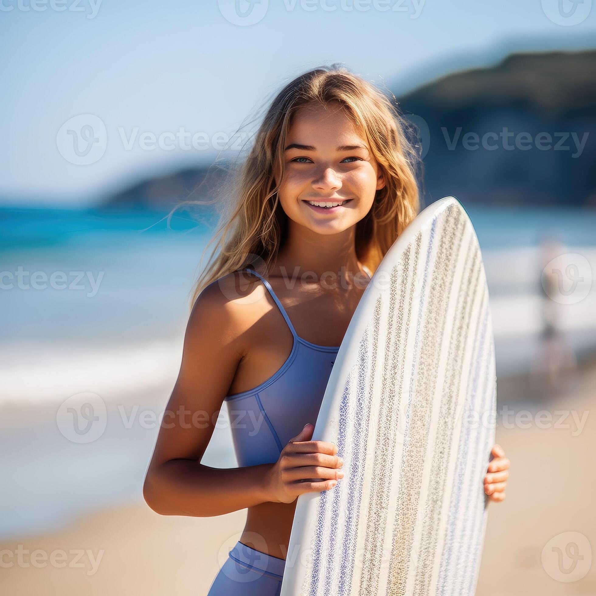 Young teenager girl in swimsuit holding supboard on the beach. AI Generated  24210186 Stock Photo at Vecteezy