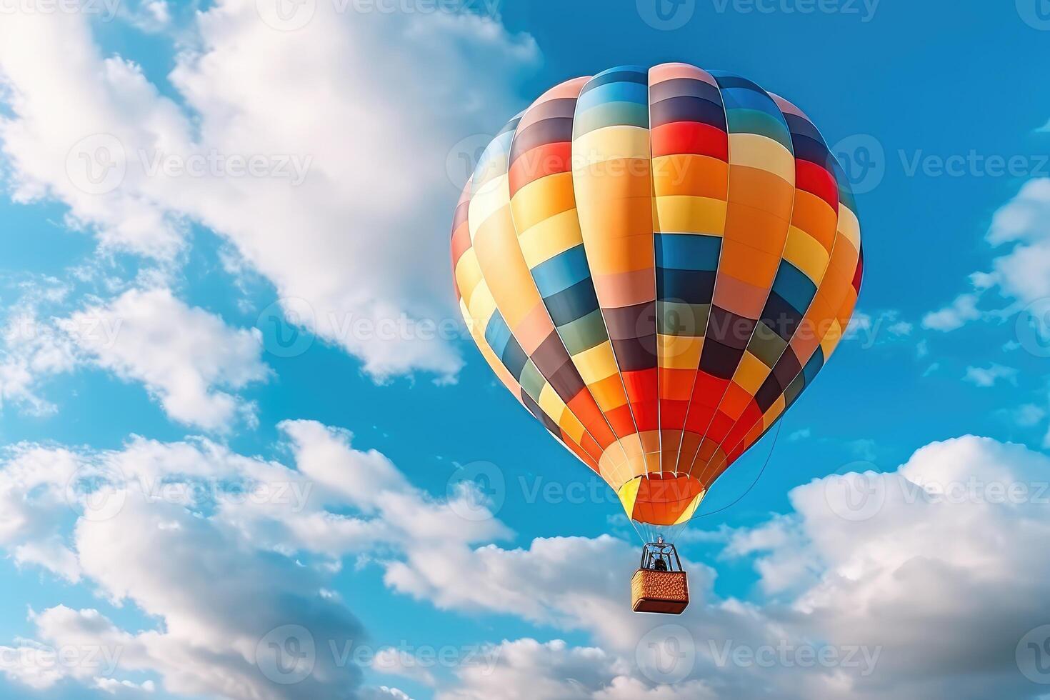 vistoso caliente aire globos en vuelo, ai generado foto