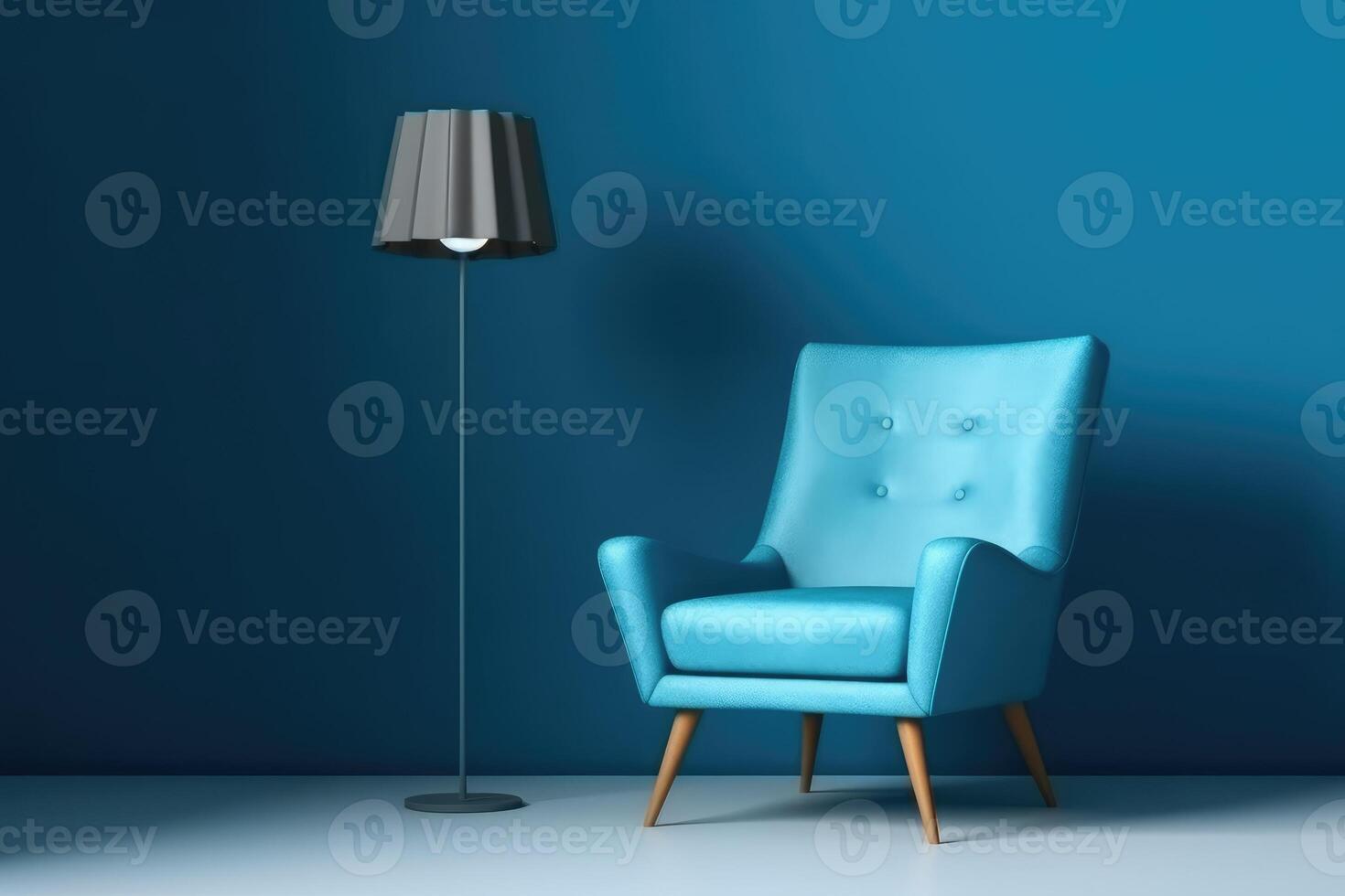 minimal interior with blue soft chair and lamp, photo