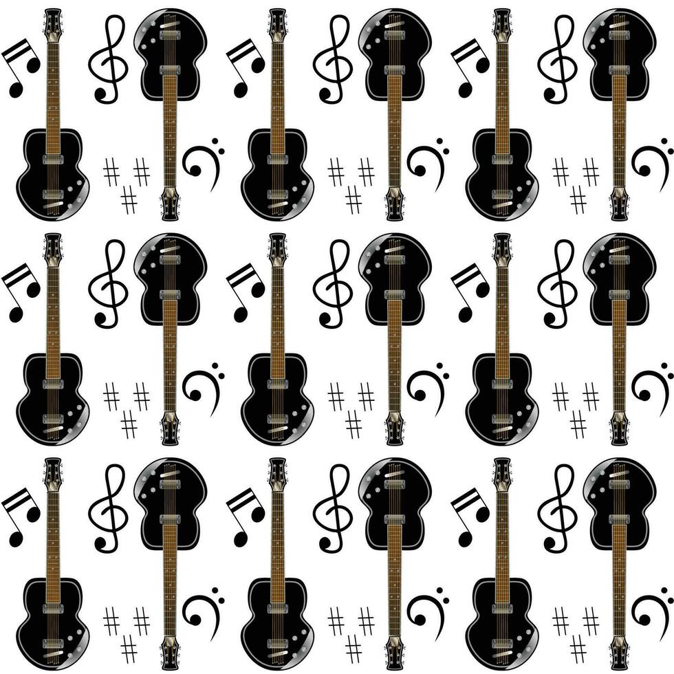 Seamless pattern with guitar and musical notes. Electronic guitar, rock and jazz, vector illustration