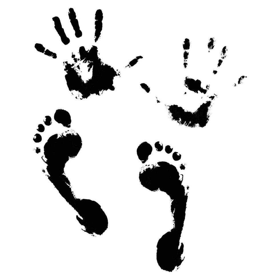 Imprint of hands and feet. Stamp printing, footprint and foot imprint, hand print, vector illustration