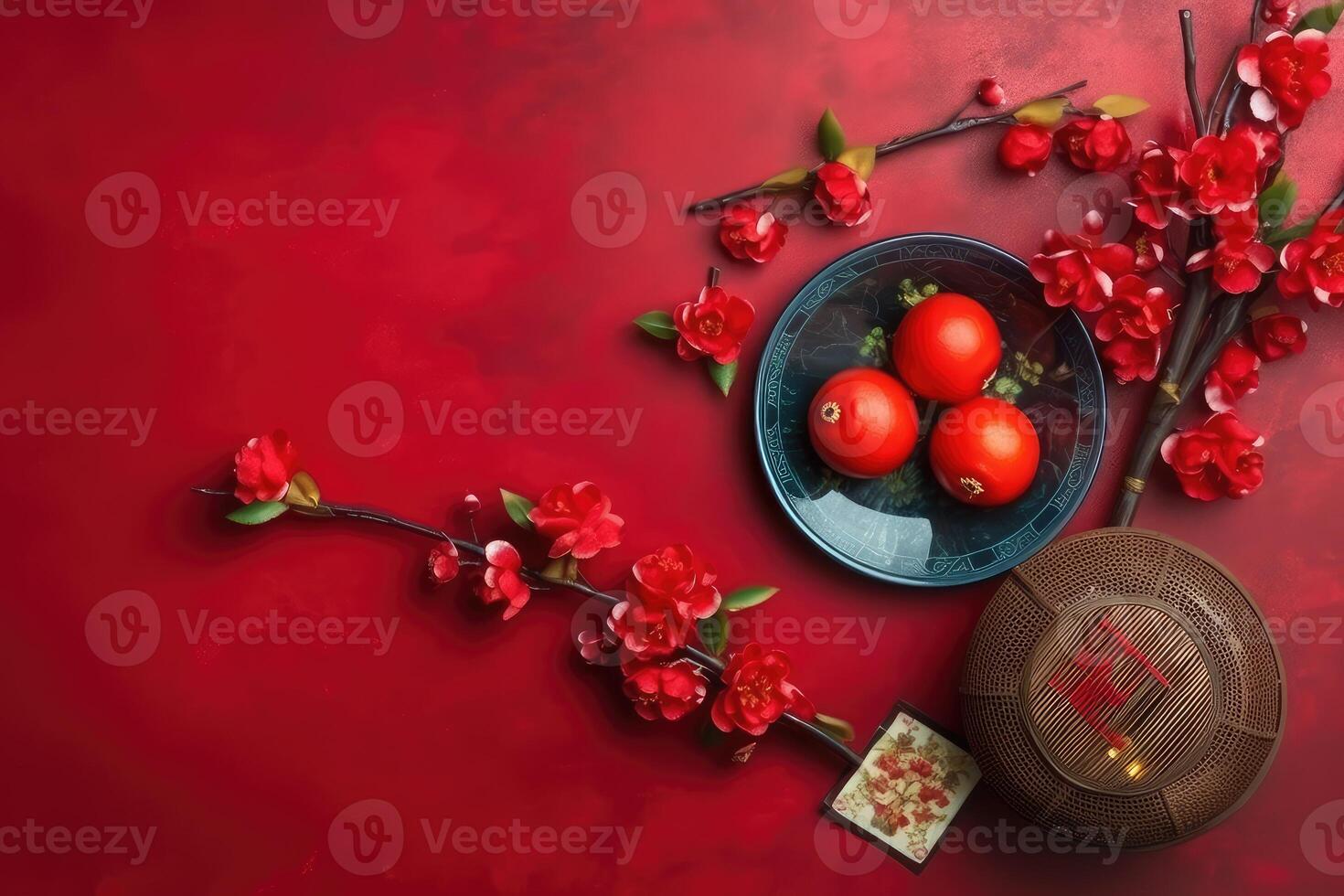 Chinese New Year festival decorations, mandarins, flowers, envelopes . Flat lay, top view. photo