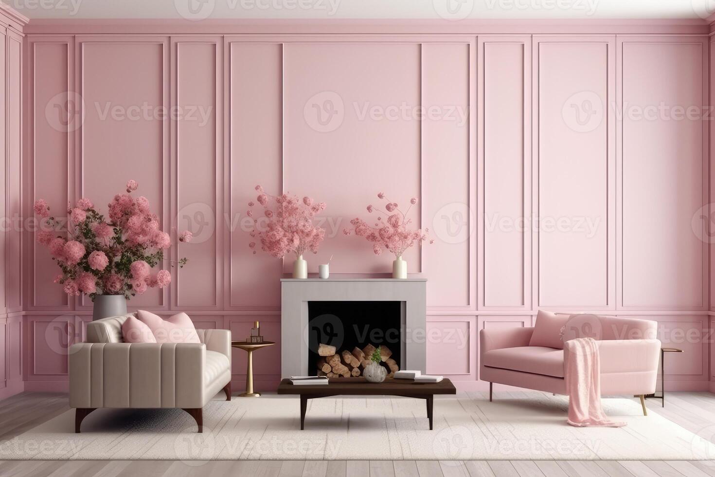 Stylish living room interior design, pink soft chair, plants and fireplace . photo