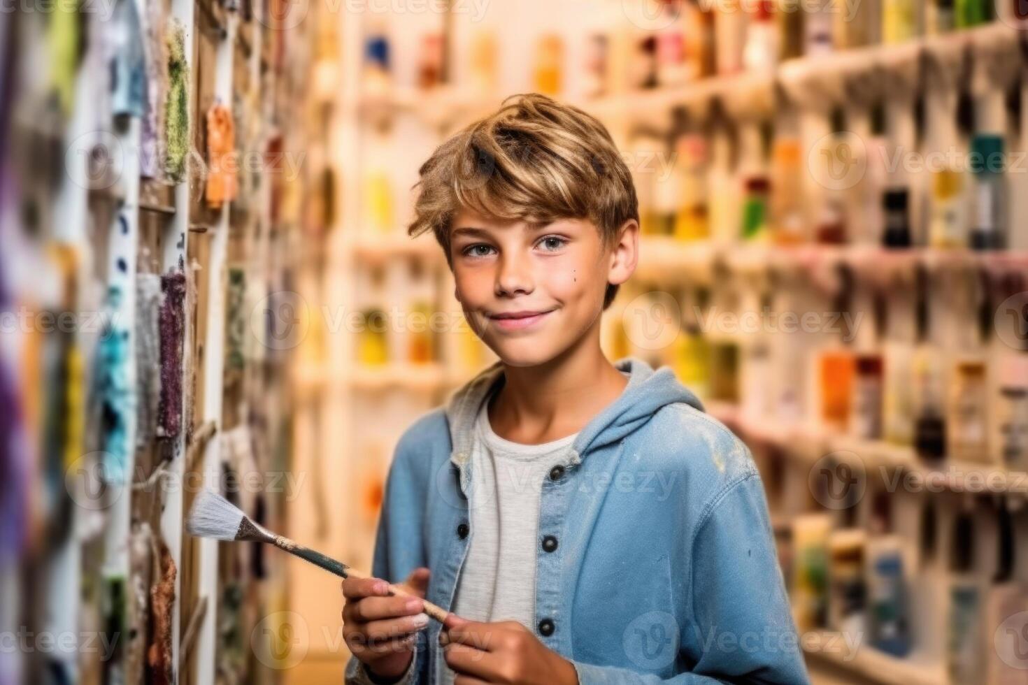 Artist Holding Brushes, Looks at the Camera with a Smile. Authentic Creative Studio with Large Canvas. Face Portrait, photo