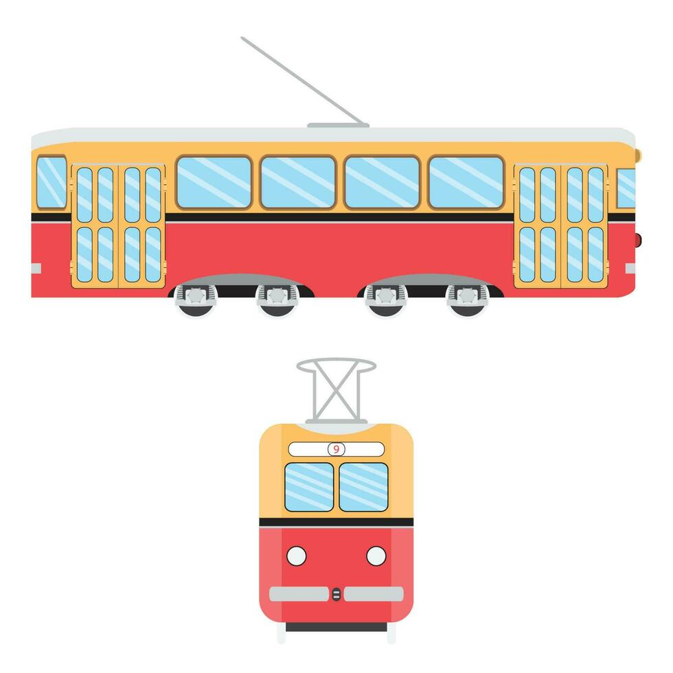 Retro tram flat. Train on tramway, metro and old tram, tram isolated on blue background vector