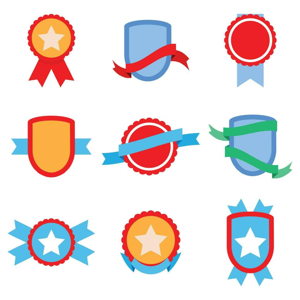 Flat badge set. Label banner, shield with ribbon, sticker and badge vector illustration