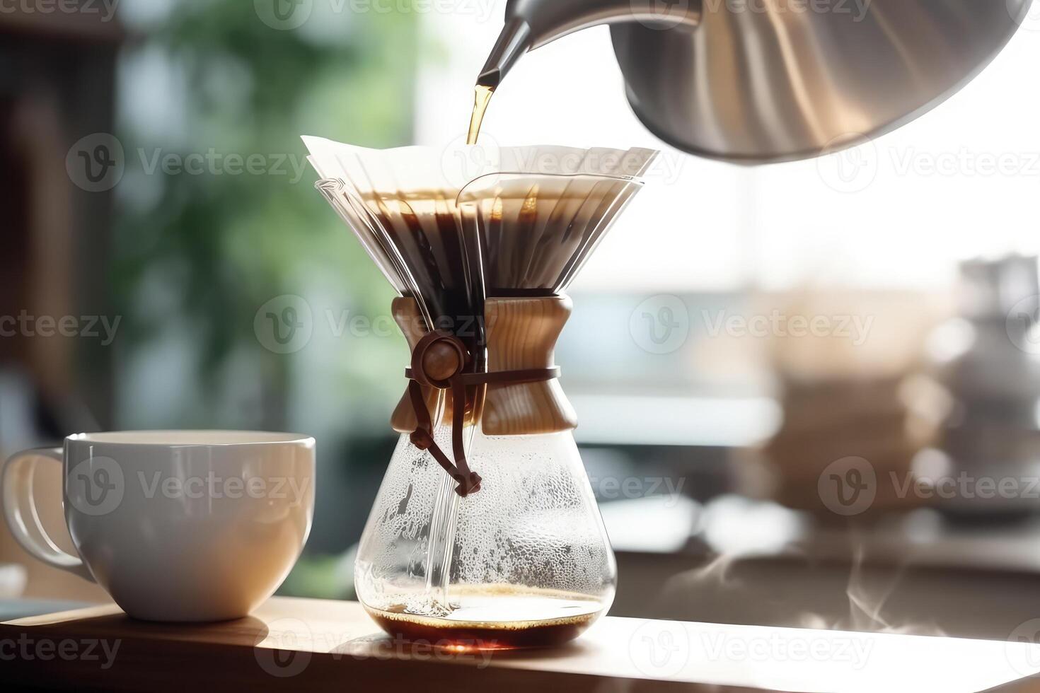 Alternative coffee brewing method,pure over,glass teapot on wooden tray with brewed coffee . photo