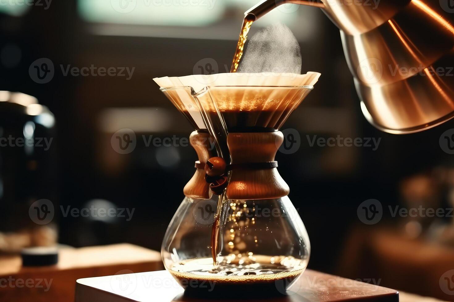 Alternative coffee brewing method,pure over,glass teapot on wooden tray with brewed coffee on dark background. photo