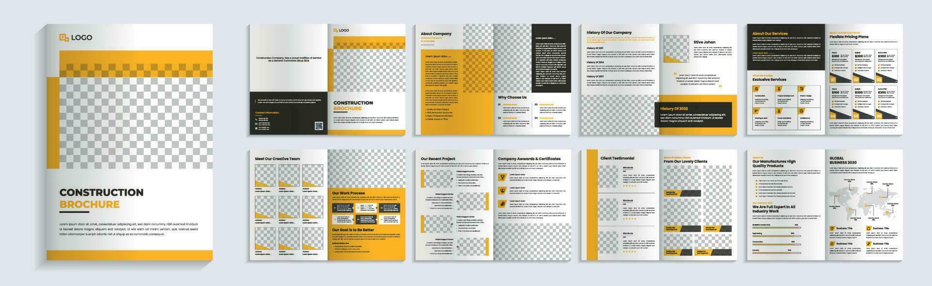 construcción folleto diseño modelo con amarillo y negro color, real inmuebles folleto diseño, corporativo construcción folleto, negocio propuesta vector