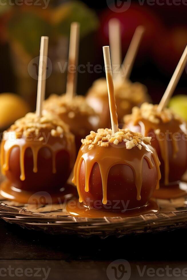 Delicious caramel apple wooden stick on plate. photo