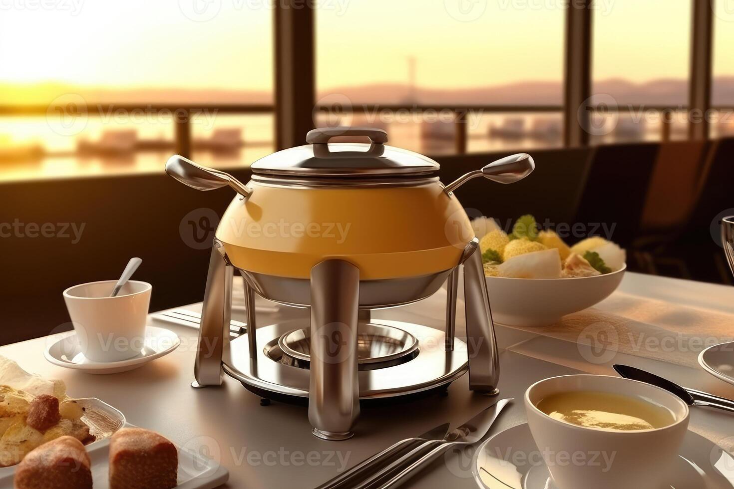cheese fondue with fondue set, crouton of bread and many cheese, photo