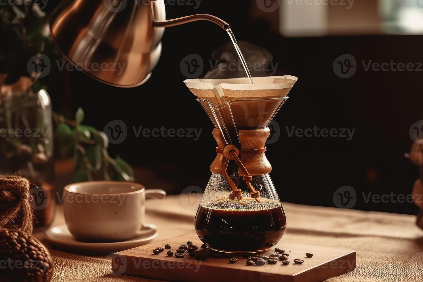 Alternative coffee brewing method,pure over,glass teapot on wooden tray with brewed coffee on dark background. photo