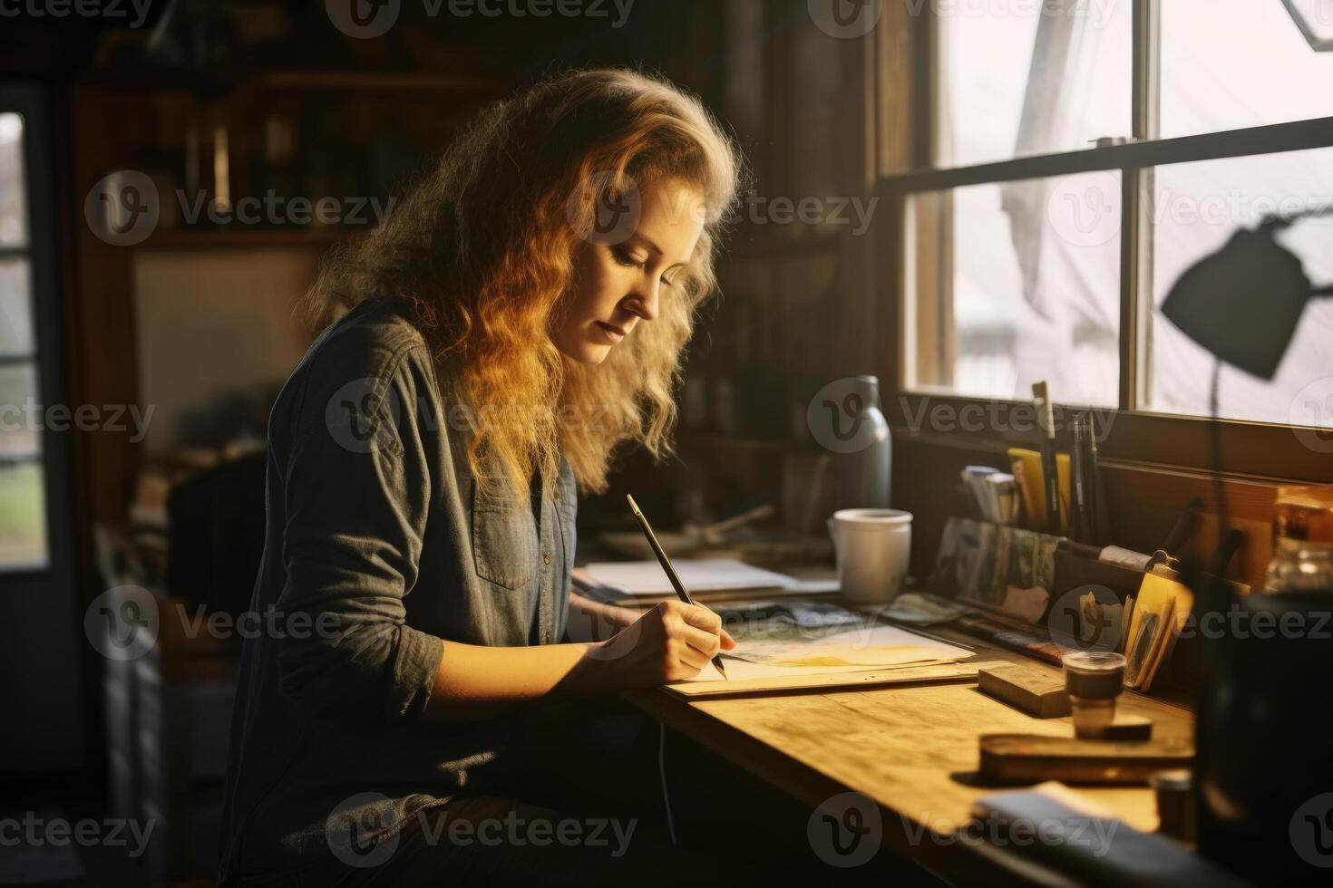 Artist Holding Brushes, Looks at the Camera with a Smile. Authentic Creative Studio with Large Canvas. Face Portrait, photo