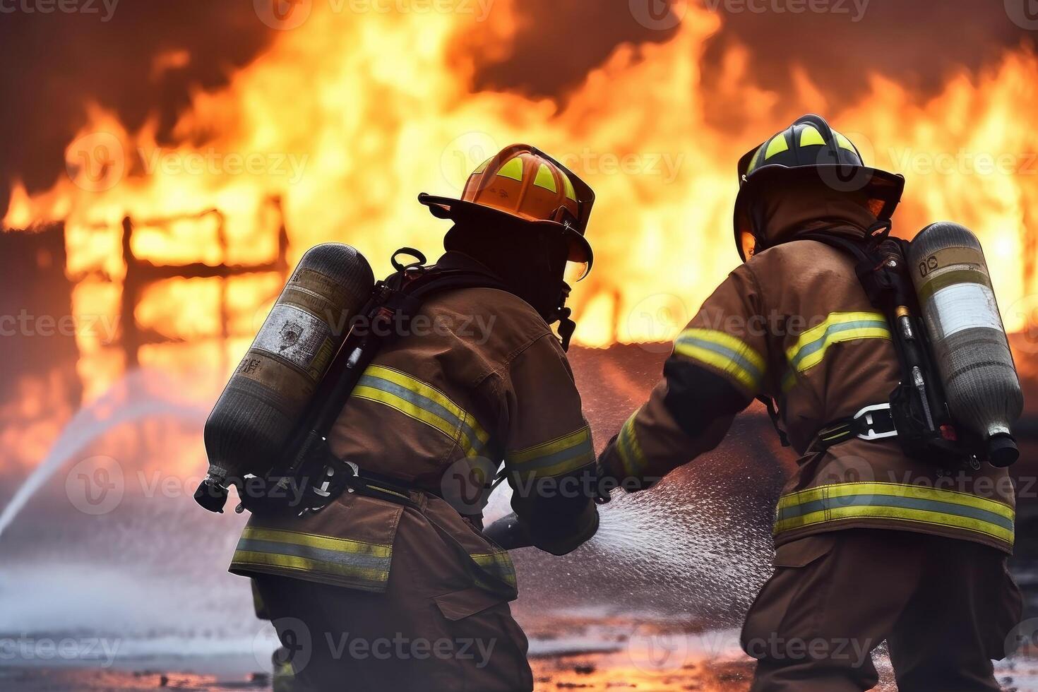 Two uniformed firefighters putting off pire, unrecogzinable people, . photo