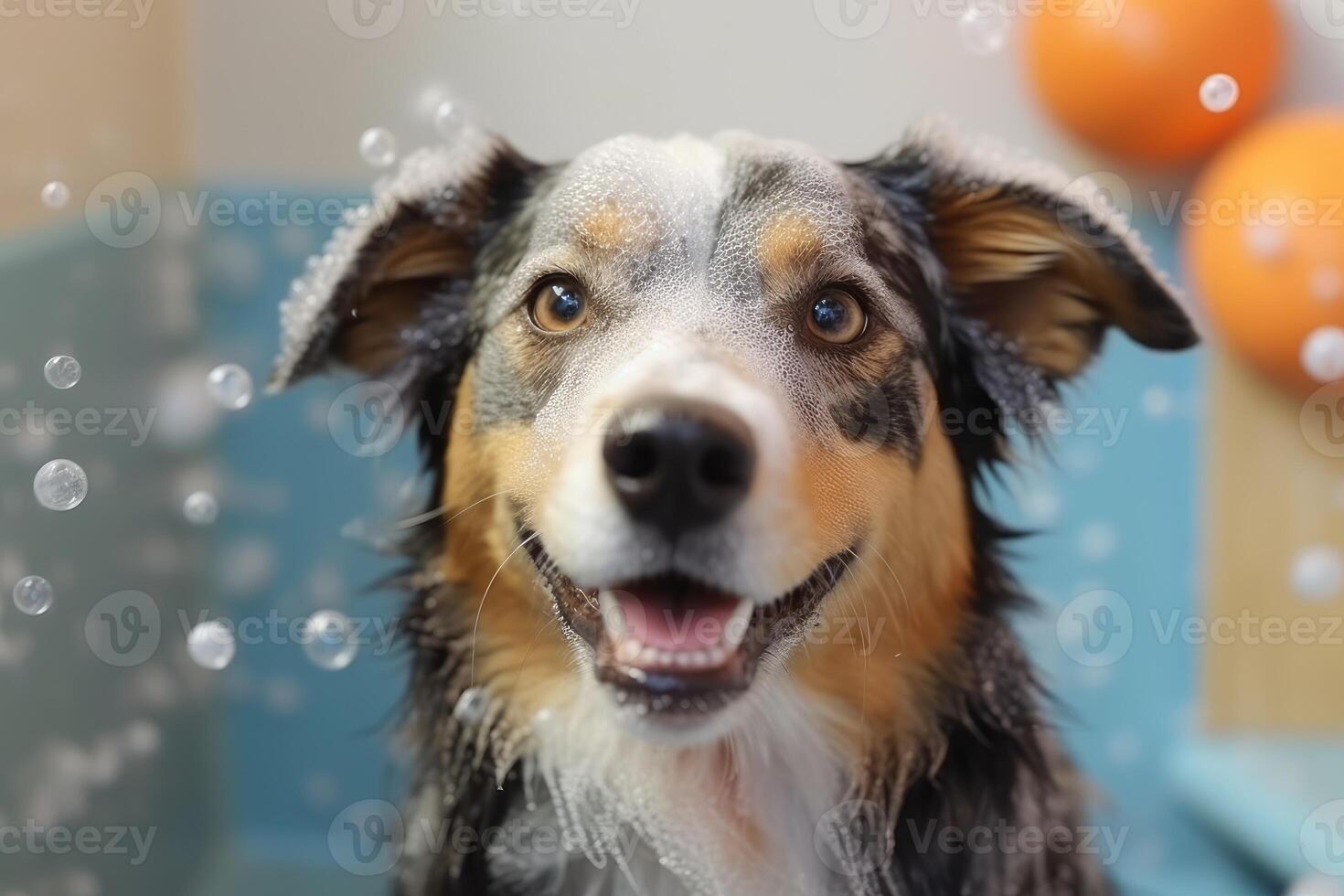 linda perro tomando bañera con jabón burbujas ai generado foto