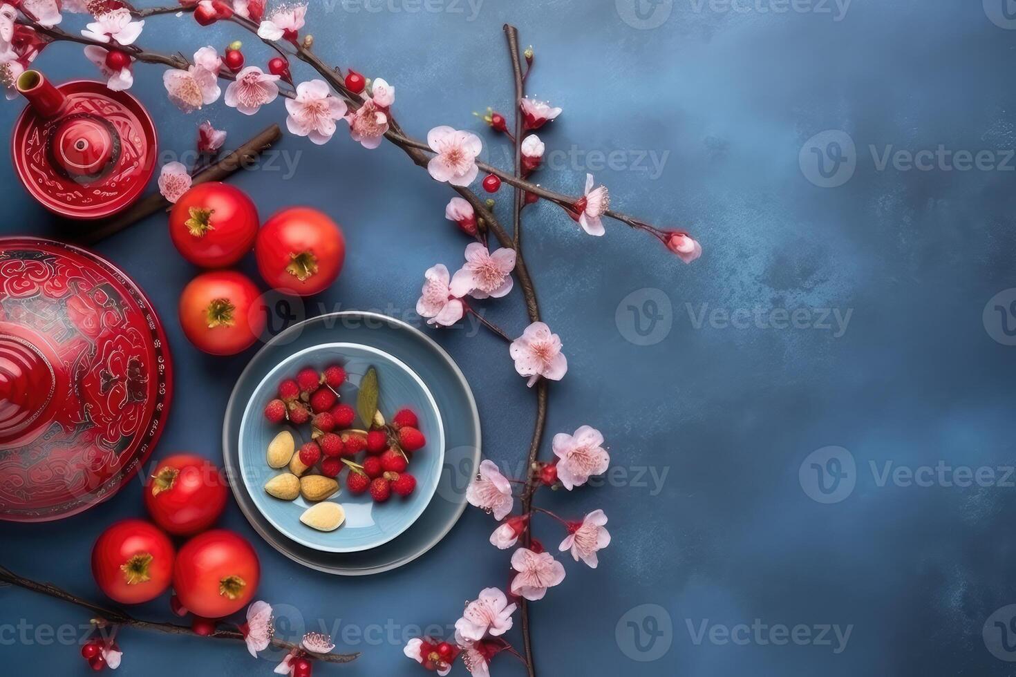 Chinese New Year festival decorations, mandarins, flowers, envelopes . Flat lay, top view. photo