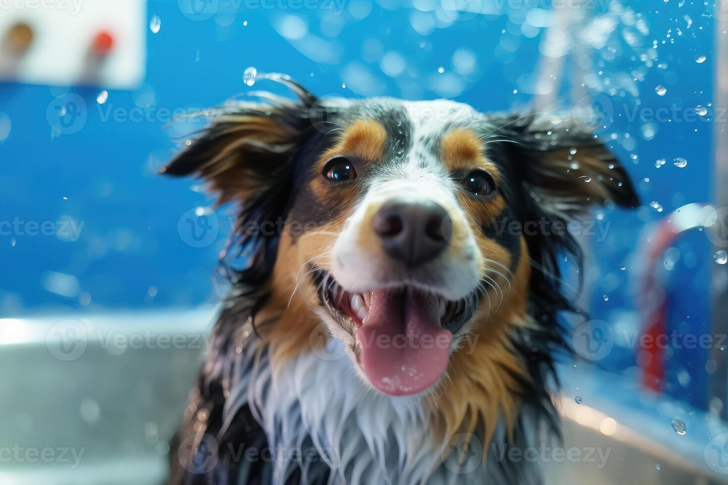 Cute dog taking bath with soap bubbles. photo