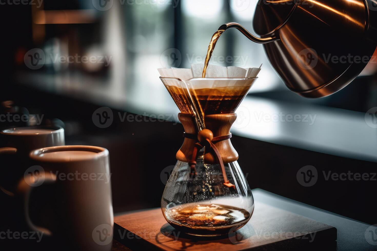 Alternative coffee brewing method,pure over,glass teapot on wooden tray with brewed coffee on dark background. photo