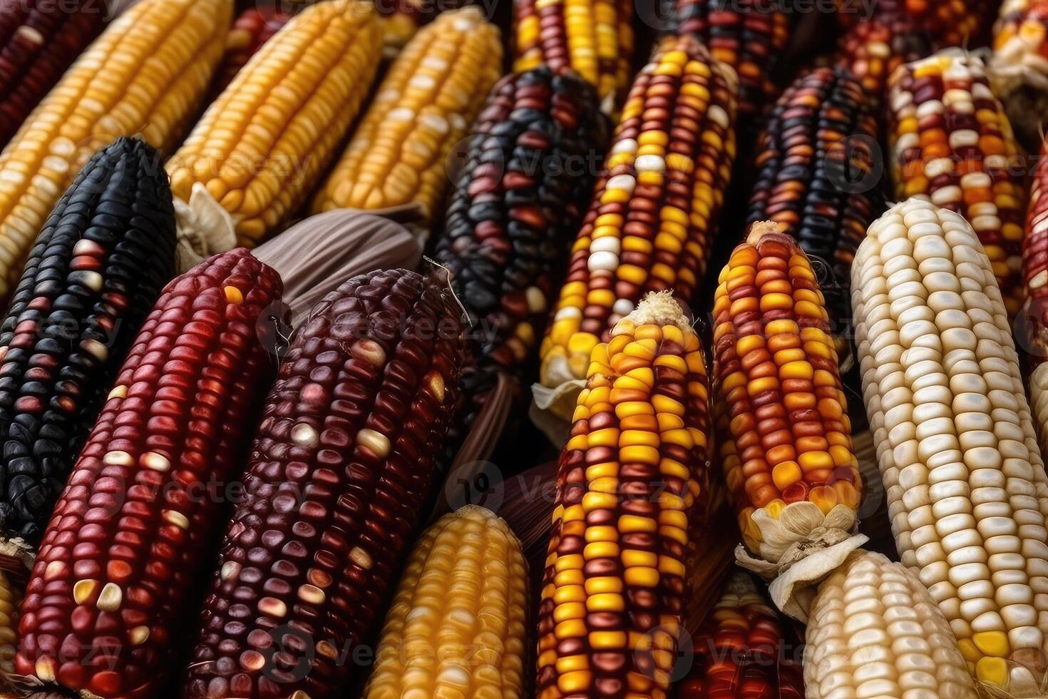 Ripe raw corn ears, autumn harvest, photo