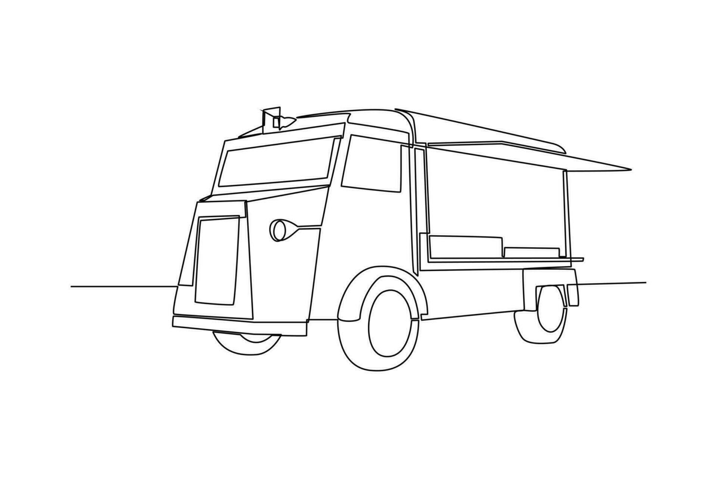 Single one-line drawing Side view of a food truck. Food truck concept. Continuous line drawing illustration. vector