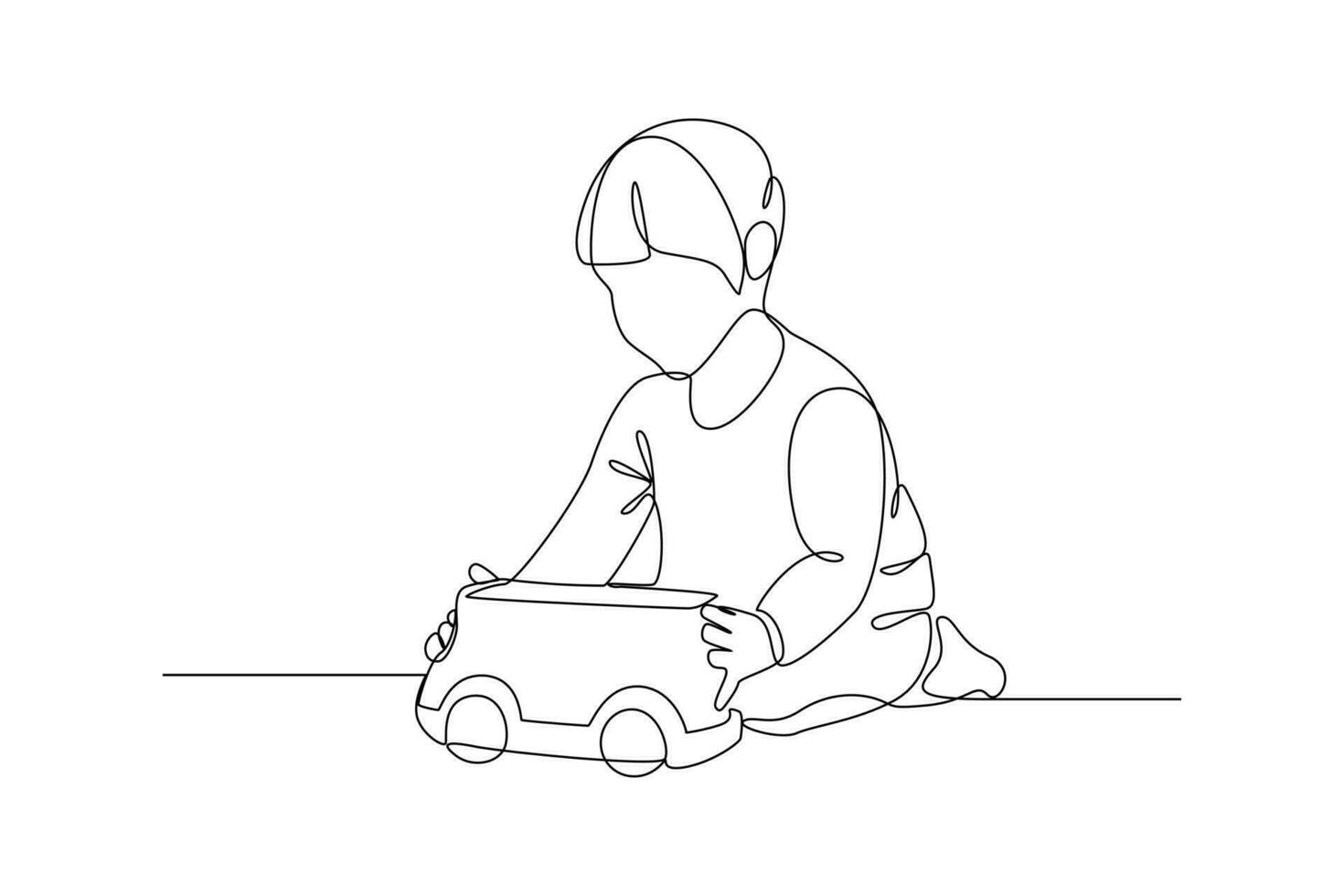 Single one-line drawing happy boy playing toy car. Children playing with toys concept. Continuous line drawing illustration vector
