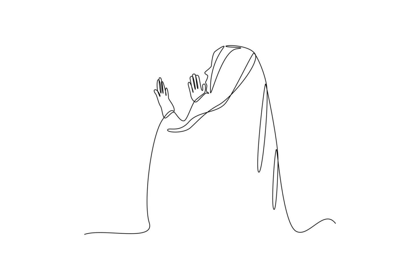 Single one-line drawing a woman praying in Mecca. Hajj and Umrah activity concept. Continuous line drawing illustration vector