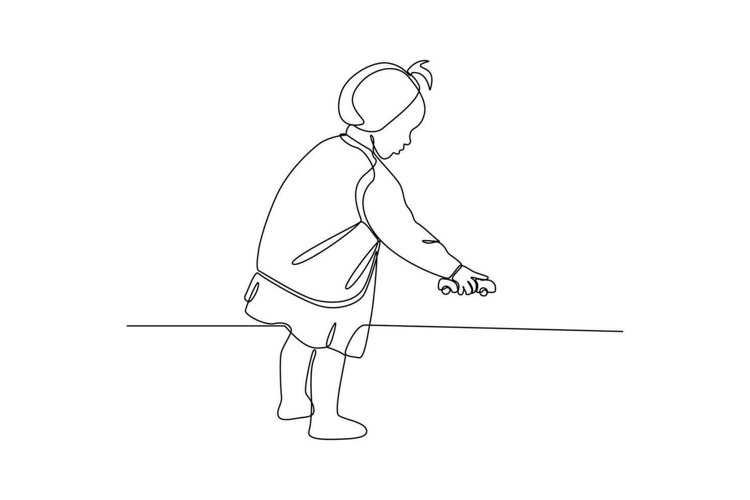 Single one-line drawing girls playing with toy cars. Children playing with toys concept. Continuous line drawing illustration vector