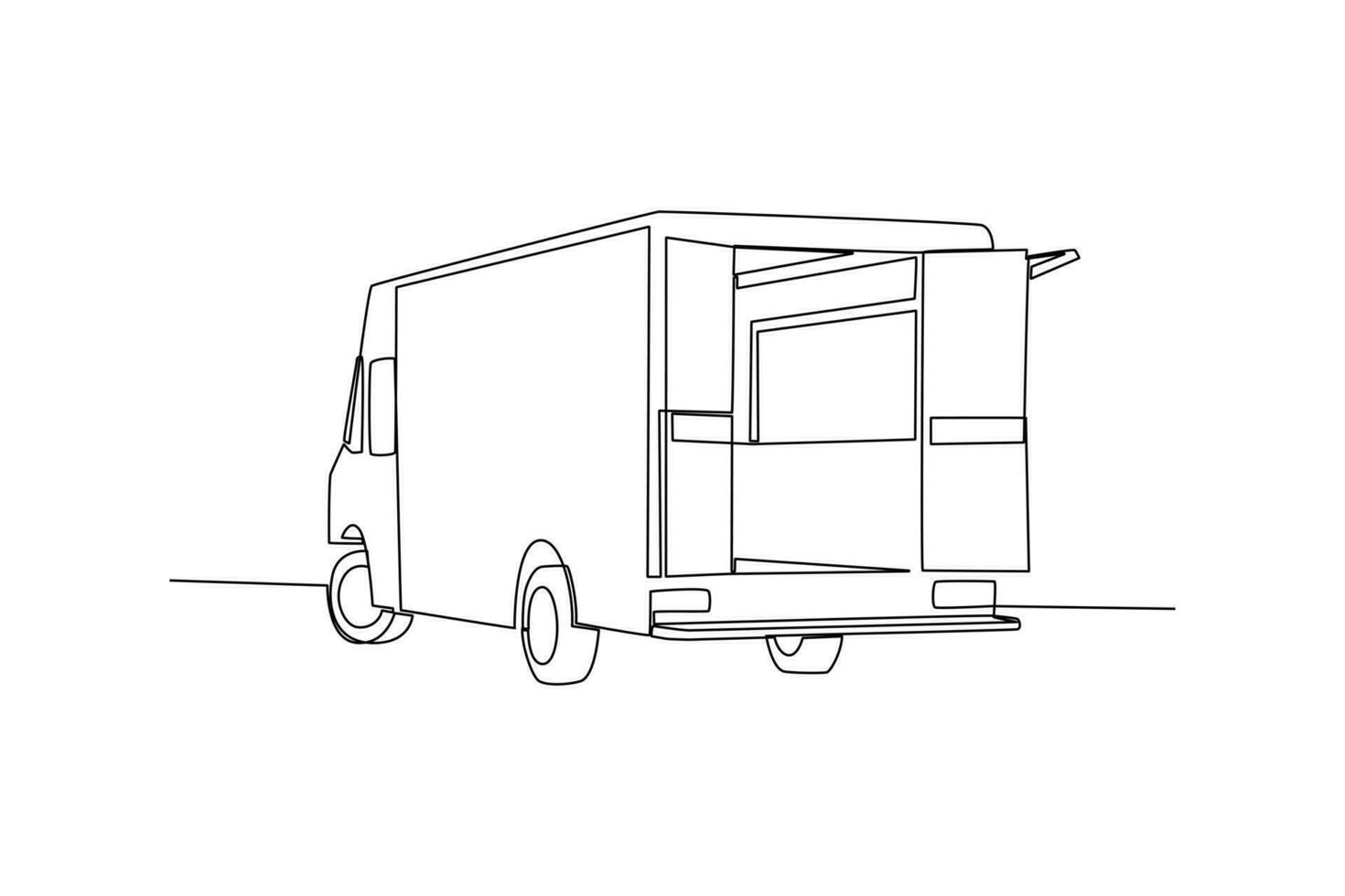 Single one-line drawing rear view of food truck. Food truck concept. Continuous line drawing illustration. vector