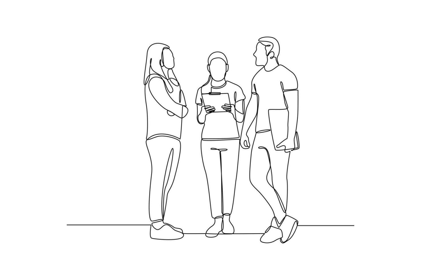 Single one-line drawing three students discussing. Diversity in college concept. Continuous line drawing illustration vector