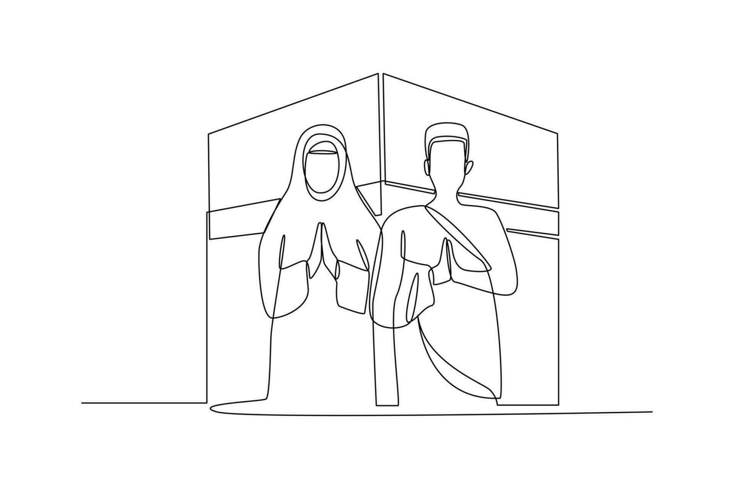 Single one-line drawing Pilgrims greeting. Hajj and Umrah activity concept. Continuous line drawing illustration vector