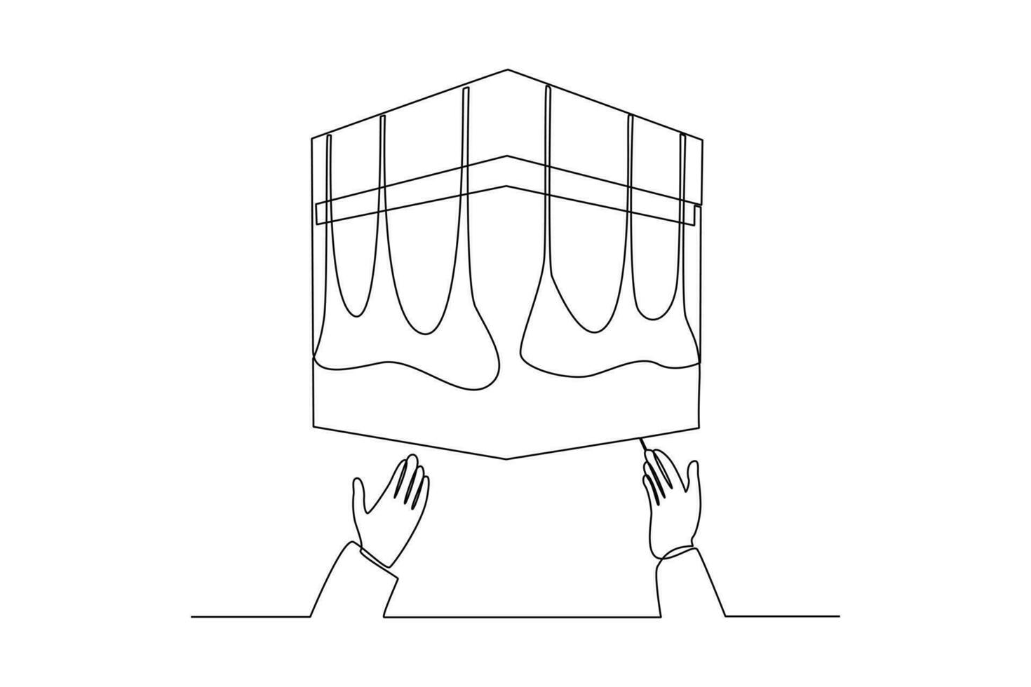 Single one-line drawing two hands praying in front of Kaaba. Hajj and Umrah activity concept. Continuous line drawing illustration vector