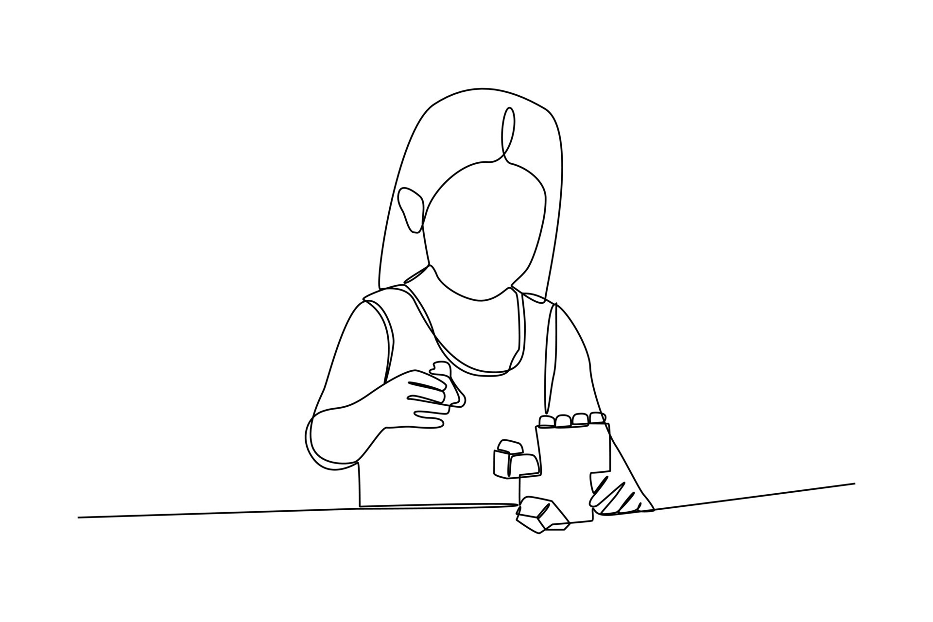 Single oneline drawing child playing stacking blocks. Children playing