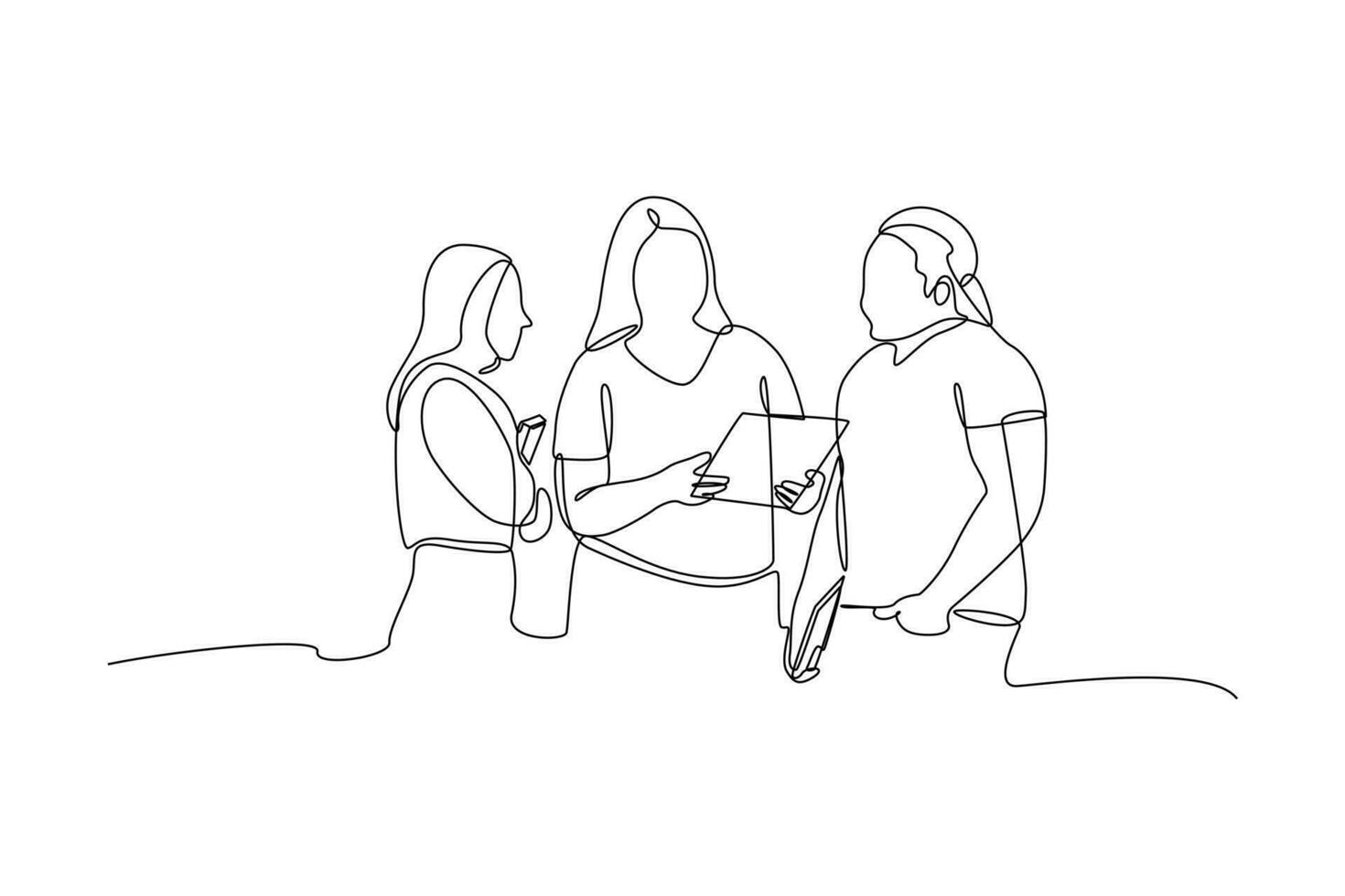 Single one-line drawing three students discussing on campus. Diversity in college concept. Continuous line drawing illustration vector