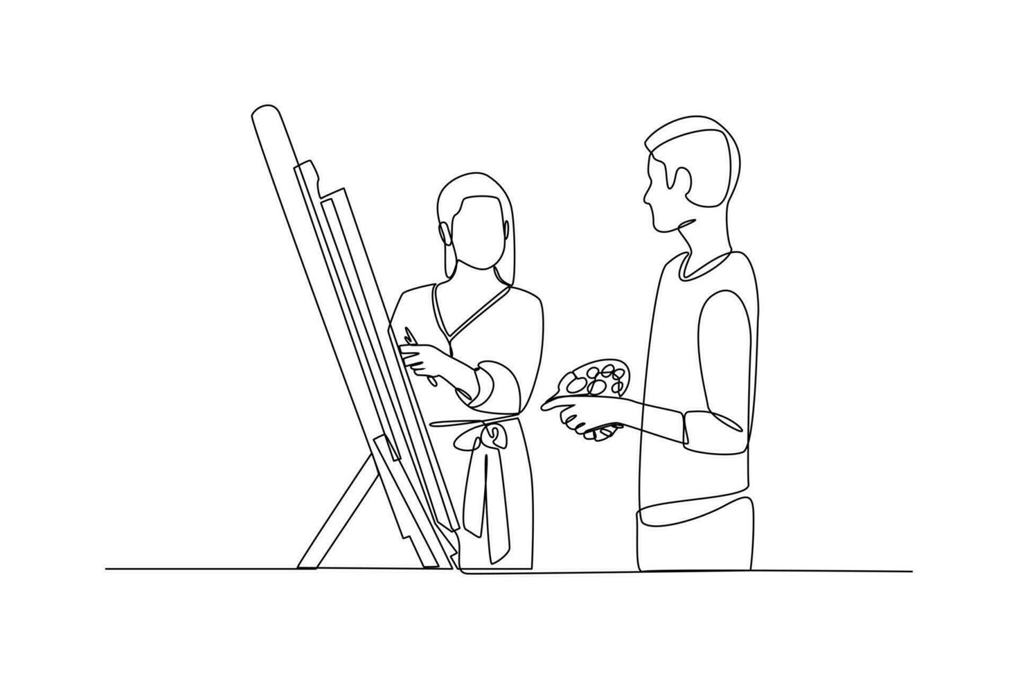 Continuous one-line drawing couple learning to paint. Class it up concept. Single line drawing design graphic vector illustration