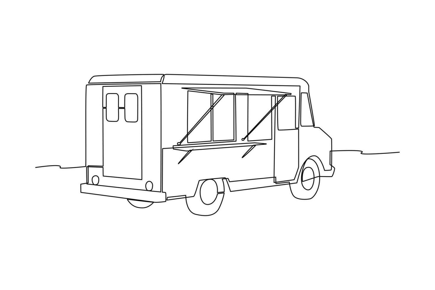 Single one-line drawing rear view of food truck. Food truck concept. Continuous line drawing illustration. vector