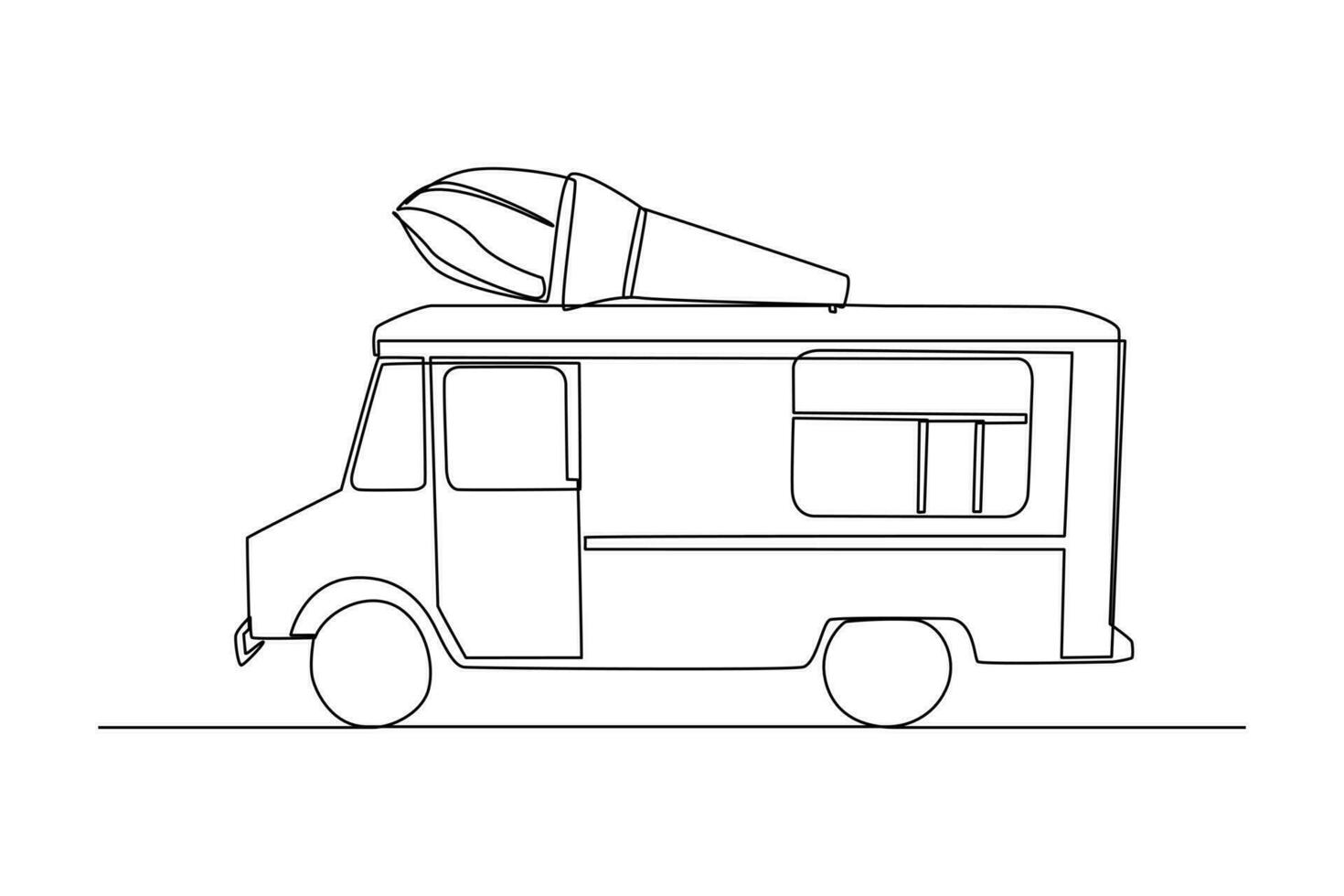 Single one-line drawing Side view of an ice cream truck. Food truck concept. Continuous line drawing illustration. vector