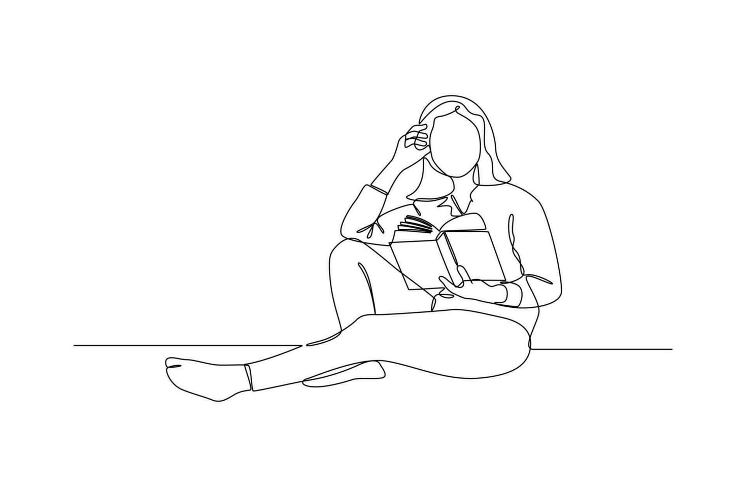 Continuous one-line drawing girl reading a book leisurely. Book concept. Single line drawing design graphic vector illustration