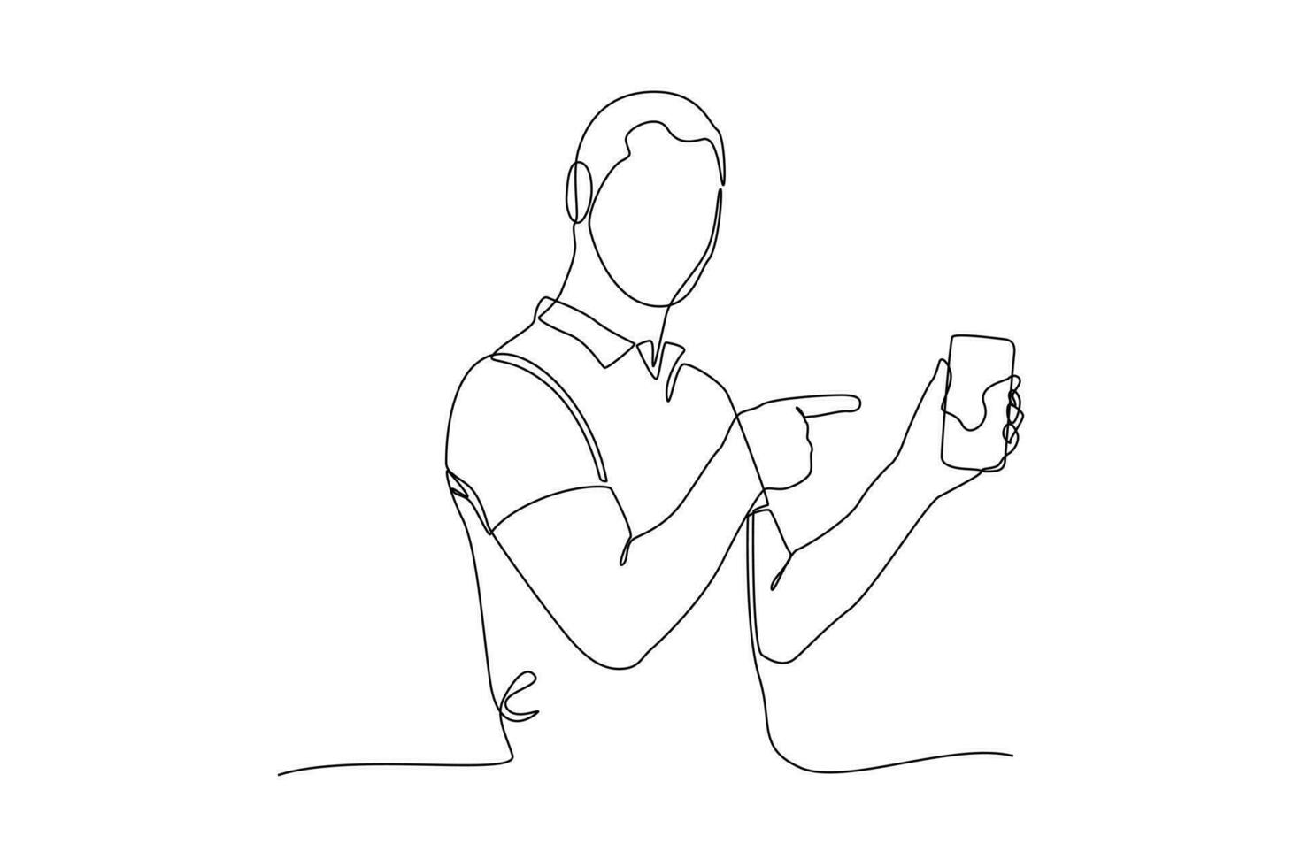 Single one-line drawing man pointing at mobile phone. Mobile phone concept. Continuous line drawing illustration vector