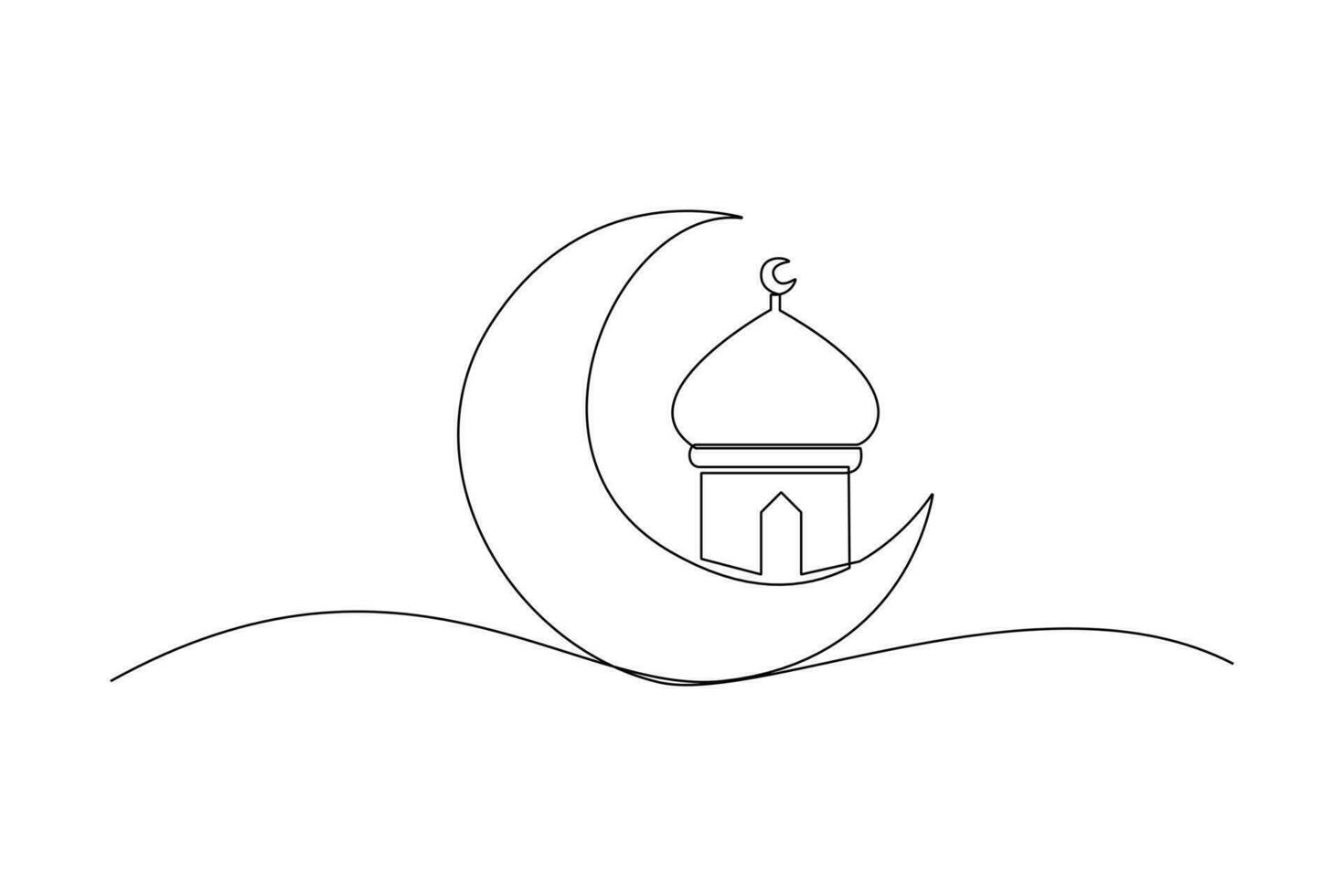 Single one-line drawing of moon and mosque. Islamic new year concept. Continuous line drawing illustration vector