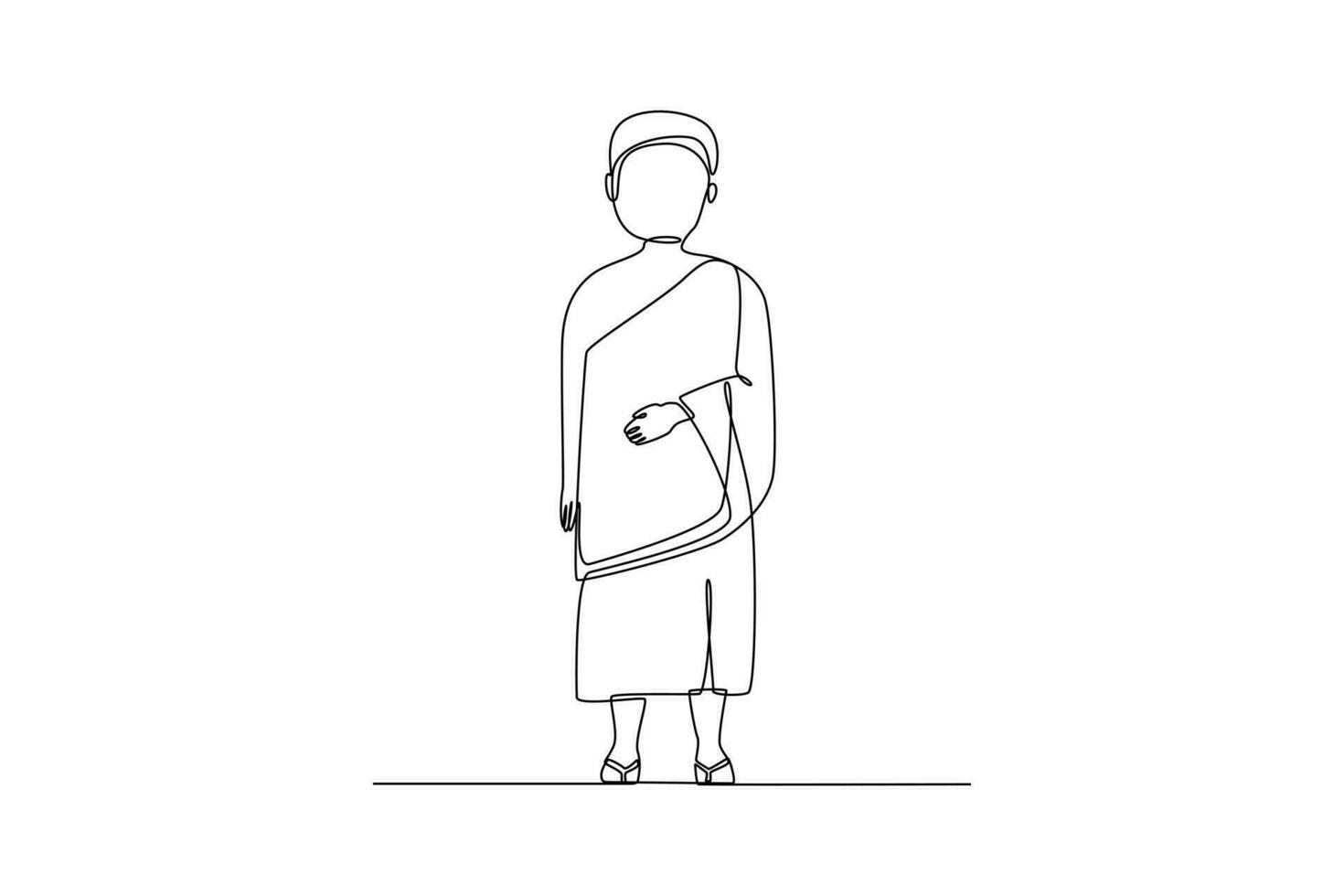 Single one-line drawing a boy wearing pilgrim clothes. Hajj and Umrah activity concept. Continuous line drawing illustration vector