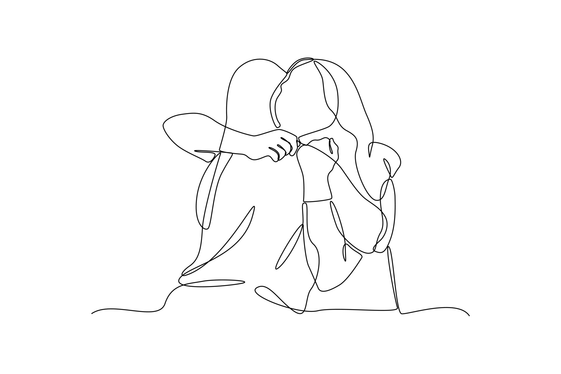 Continuous oneline drawing of female friends hugging. Friendship Day