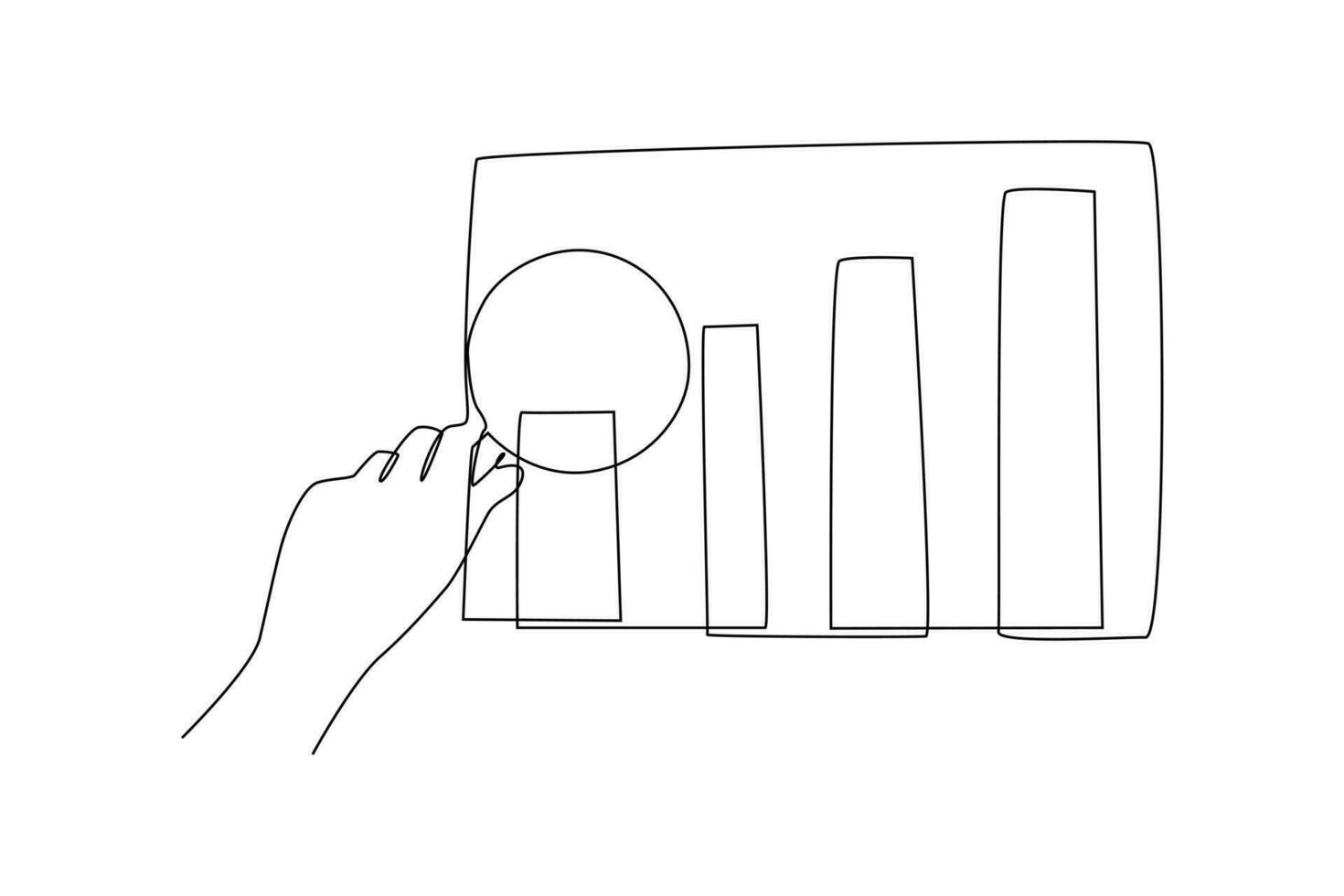 Continuous one-line drawing business chart viewed with magnifying glasses. Business charts concept. Single line drawing design graphic vector illustration