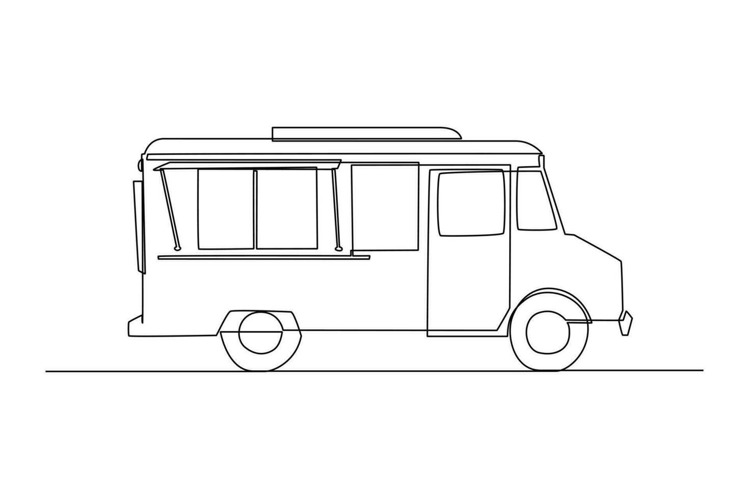 Single one-line drawing food truck with closed windows. Food truck concept. Continuous line drawing illustration. vector