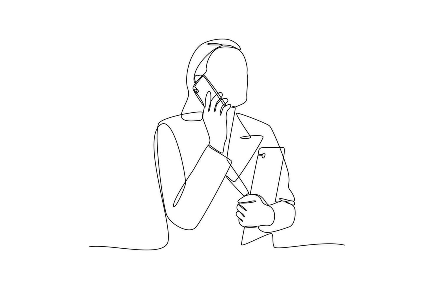 Single one-line drawing woman is calling on a mobile phone. Mobile phone concept. Continuous line drawing illustration vector